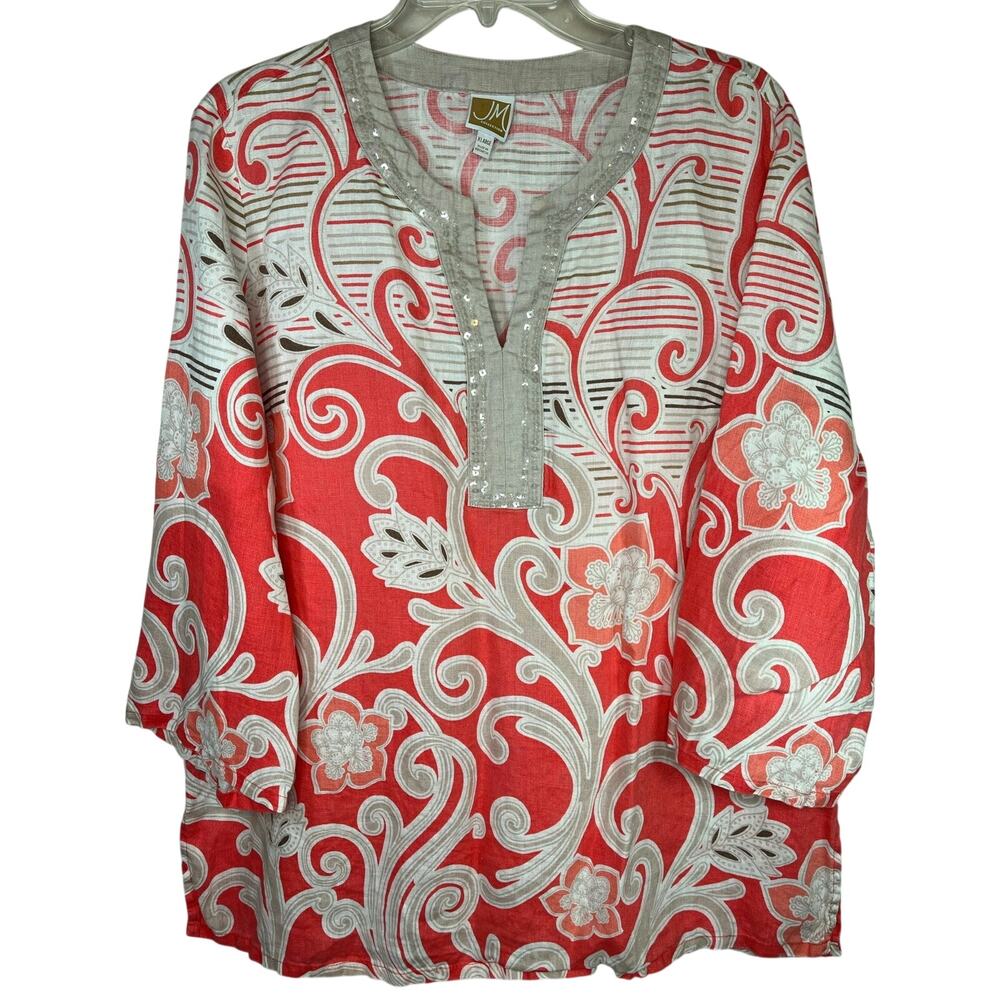JM Collections 100% linen sequined tunic top, coral/tan/gray size XL, EUC